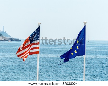 flags of the european union and the united states, symbolfoto for partnership, diplomacy, foreign policy