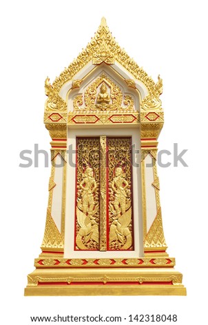 Traditional Thai style church window (Angles with bow and arrows on the garuda) in Wat  Lam Phya, Nakhon Pathom, Thailand. It\'s a public place for buddhism and tourist.