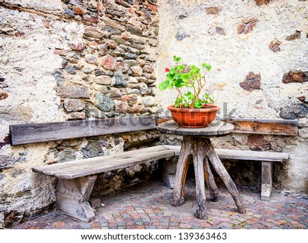 old wooden bench at a backyard