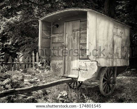 old wooden caravan cart at a farm