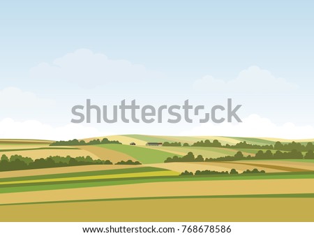 Green hill landscape. Vector illustration of panorama field landscape and cloud sky.