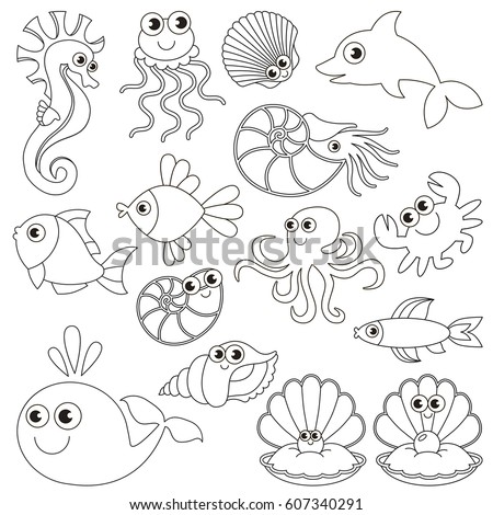 Sea underwater animals set to be colored, the big coloring book for preschool kids with easy educational gaming level.
