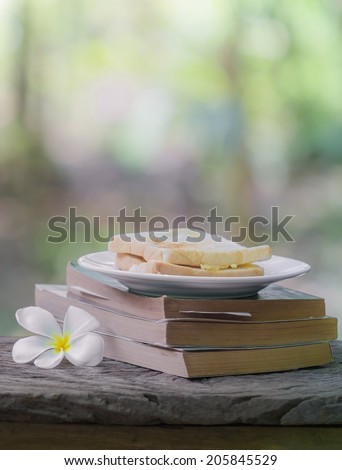 relaxation corner with bread book and flower, green forest background