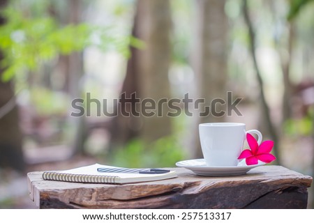 relaxation corner with white coffee cup on plank with forest  background