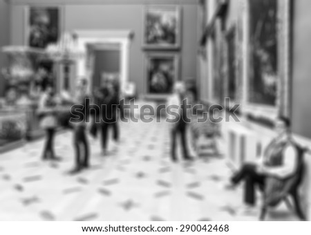 Blur people in  art museum room , black and white color