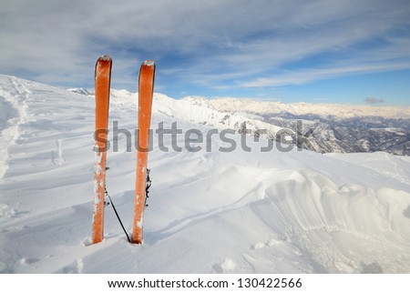 Pair of back country ski  with orange climbing skin or sealskin  on the summit with superb view of the valleys below