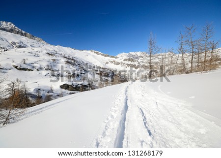 Back country ski tracks in scenic winter mountainscape, italian Alps