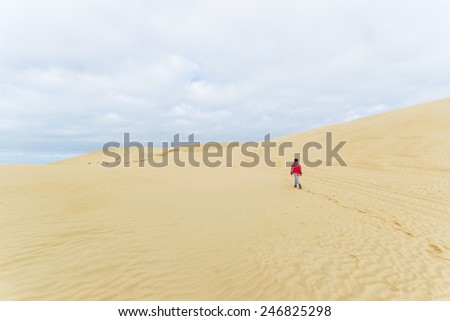 The scenic dunes of Te Paki in the Far North, New Zealand. One tourist walking on the sand. Concept of travelling with freedom. Cold tones, winter season.