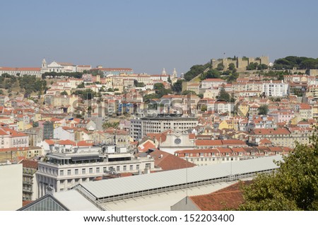 View of the castle of Saint George over the old rooftops in Lisbon, Portugal