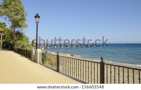 Promenade beach along the Mediterranean sea in Marbella, Andalusia, Spain