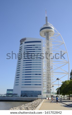 LISBON, PORTUGAL - AUGUST 13:  Vasco da Gama Tower on August 13, 2013 in  the Park of the Nations  in Lisbon, Portugal. It is a 145 meters  skyscraper in Lisbon, Portugal, built over the Tagus river.