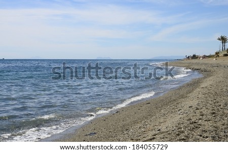 The Mediterranean sea in the beach of Marbella, Andalusia, spain with views to the Gibraltar Rock