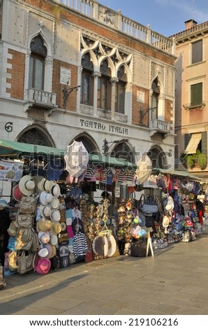 VENICE, ITALY - AUGUST 10: Souvenir stand in front of the theater Italy in the district of Cannaregio on August 10, 2014 in Venice, Italy
