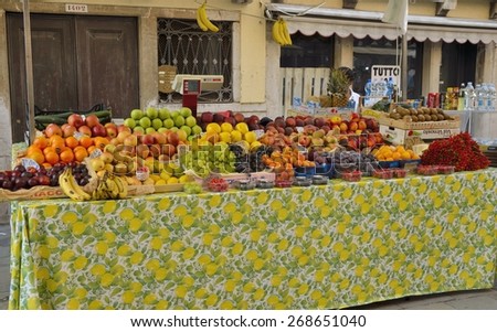 VENICE, ITALY - AUGUST 10: Fruit Stalls on August 10, 2014 in the city of Venice, Northern Italy.