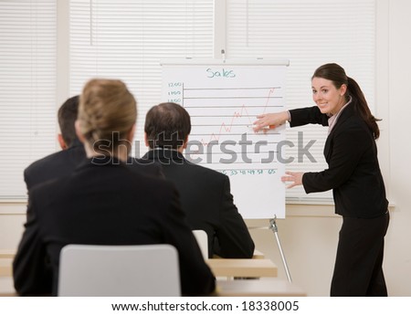 Businesswoman explaining presentation of financial line graph to co-workers