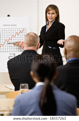 Confident businesswoman explaining financial analysis chart to co-workers