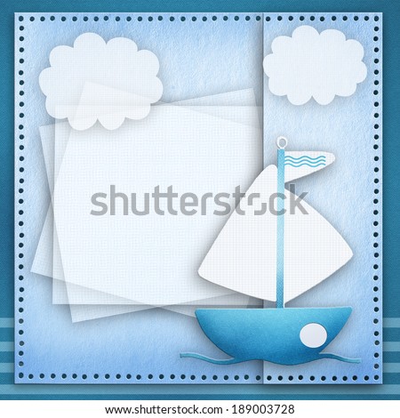 Blank banner and blue boat on fabric background.