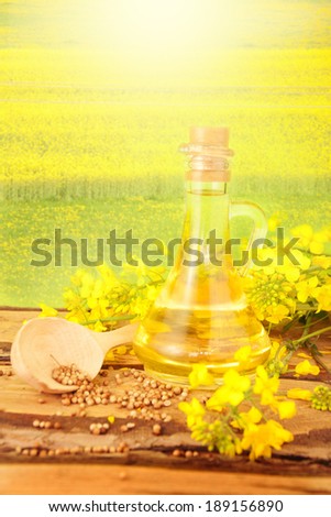 Fresh rapeseed oil in a bottle