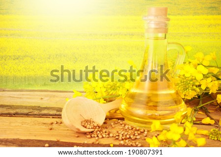 Fresh rapeseed oil in a bottle