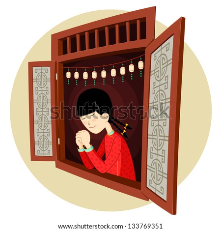 chinese girl wearing cheongsam praying in the window. suitable for artwork with traditional-religious theme
