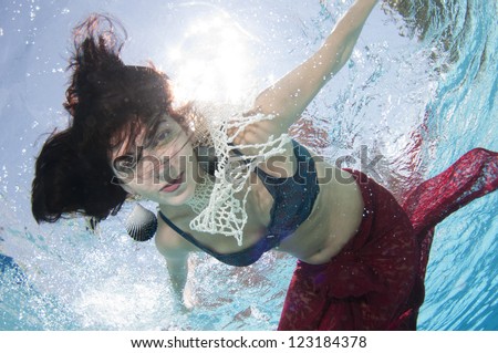 Smiling Dark Haired Model Underwater