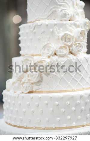 Closeup : white cake for Wedding party , Multi layer cake