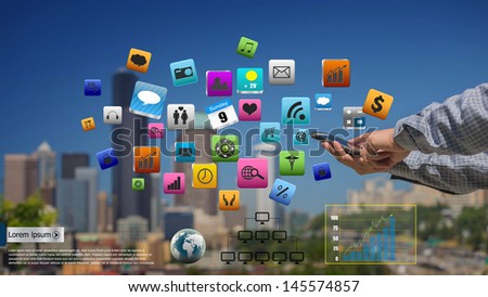 Business man use mobile phone with colorful application icons
