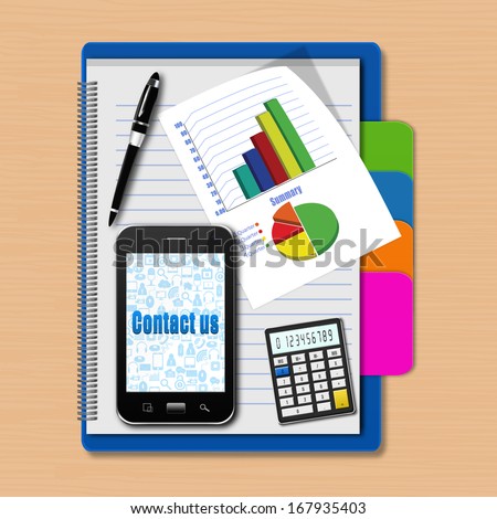 Smartphone with graphs and calculator on notebook,creative business,cell phone illustration