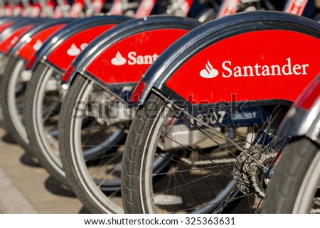 London, UK. 2nd October 2015. Santander Cycles for hire, seen here parked up in a row, at a docking station in Southwark.