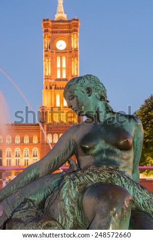 Berlin Neptune Fountain and Tower of Town Hall