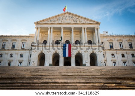 Lisbon, Portugal - 17. November 2015. Saint Benedict\'s Palace, the Portugese Parliament shows the French Flag to remind of the Terrorists attacks in Paris 13. November 2015