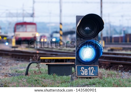 Railroad. Shunting traffic lights blue signal