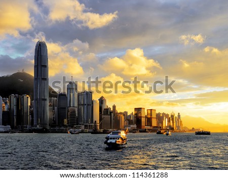 Skyline Of Hong Kong At Sunset.