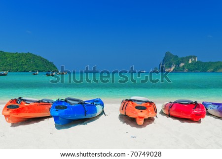 Colourful kayaks on the beach. Phi Phi island.