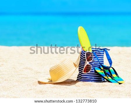 Beach accessories. Concept of summer vacations.