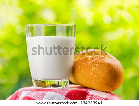 Fresh milk and bread on nature background