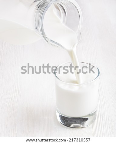 Milk pouring into a glass on white board.