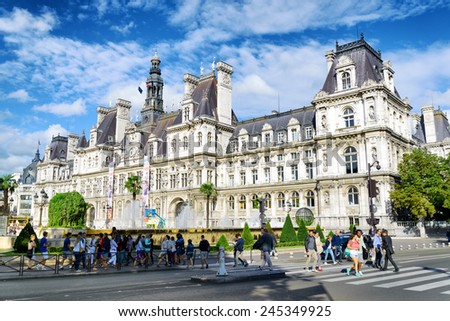 PARIS, FRANCE - AUGUST 12, 2014: The City Hall in Paris. The area of Paris, where several centuries ago were carried public executions. It is one of the most popular tourist destinations in Europe.