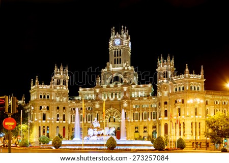 The Cybele Palace (Palacio de Cibeles) or the Palace of Communication and the fountain on the Cybeles Square (Plaza de Cibeles) in Madrid at evening. Madrid is a popular tourist destination of Europe.