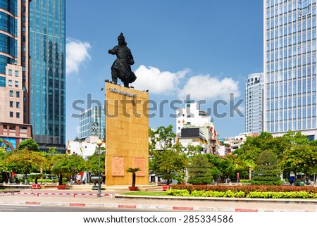 Tran Hung Dao statue in Me Linh Square of Ho Chi Minh city in Vietnam. Monument of the military leader on blue sky background. Ho Chi Minh is a popular tourist destination of Asia.