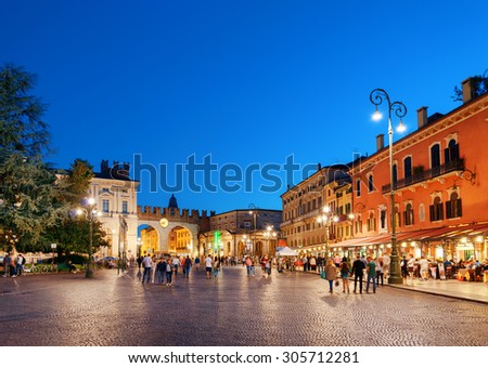 Piazza Bra in Verona (Italy) at evening. Verona is a popular tourist destination of Europe.