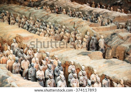 XI\'AN, SHAANXI PROVINCE, CHINA - OCTOBER 28, 2015: View of infantry of the famous Terracotta Army inside the Qin Shi Huang Mausoleum of the First Emperor of China.