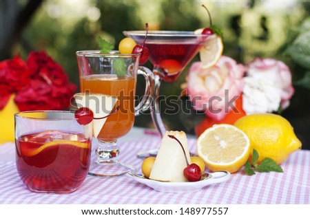 Fresh summer cocktails decorated with lemon, melon, cherries and plums on a background of a summer garden