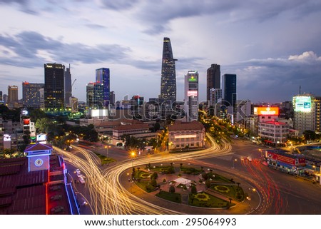 HO CHI MINH, VIETNAM - JUNE 30 2015. Downtown Saigon and Quach Thi Trang park in twilight, Ho Chi Minh city, Vietnam. Ho Chi Minh city (or Saigon) is the biggest city in Vietnam.