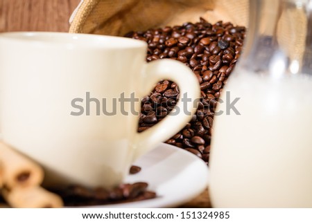coffee cup and coffee beans and milk