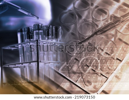 Test tubes closeup,medical glassware. Man wears protective goggles