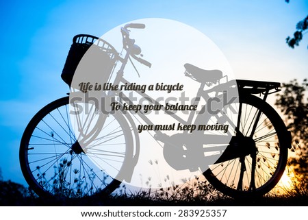 life quote. Inspirational quote by Albert Einstein on beautiful landscape image with Bicycle silhouette  at blue tone