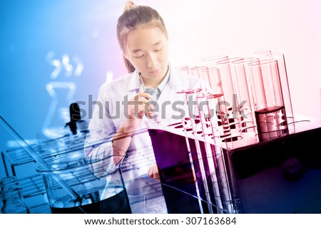 scientist or doctor thinking for writing report with equipment and science experiments ;Double exposure style