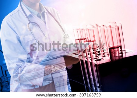 scientist writing report with equipment and science experiments ;Double exposure style