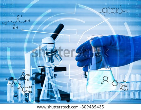 chemist dropping the clear reagent into test tube for reaction testing in chemical laboratory, with chemical equations and periodic table background.